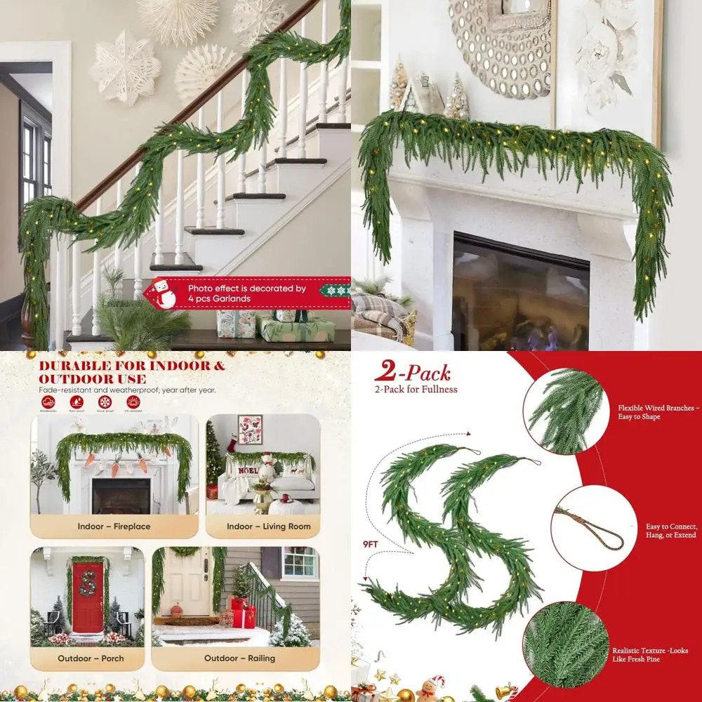 إكليل صنوبر واقعي لعيد الميلاد بطول 9 أقدام مع 100 مصباح، و120 فرع لدرج العطلات، والطاولة، وديكور الحائط