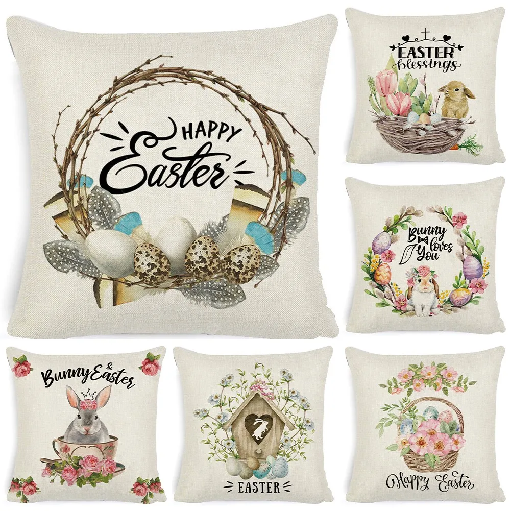 45x45cm Happy Easter Egg Bunny 3D Rabbit Cushion Cover Cotton Linen Pillow Case Home Sofa Car Waist Easter Party Decor