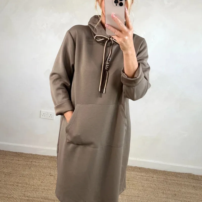 Autumn Winter New Women's Loose Plus Size Knitted Solid Color Hooded Long Dress Sweatshirt Casual Fashion Large Pocket Frock