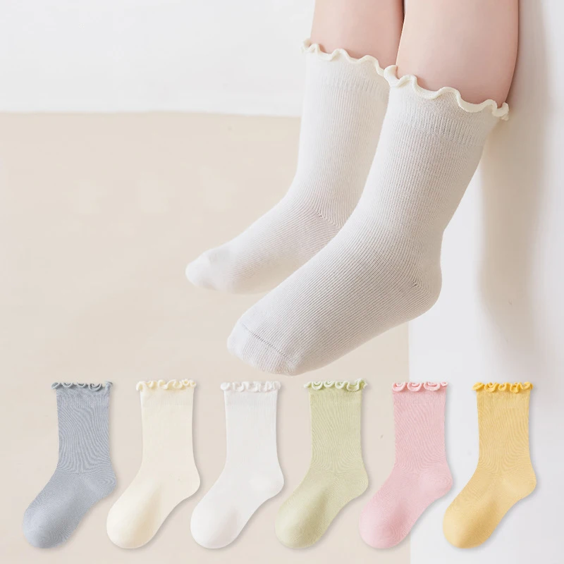 Baby Girls Socks Ruffle Cuff Mid Tube Cotton Newborn Socks Solid Color Comfortable Toddler Kids Socks for Girls