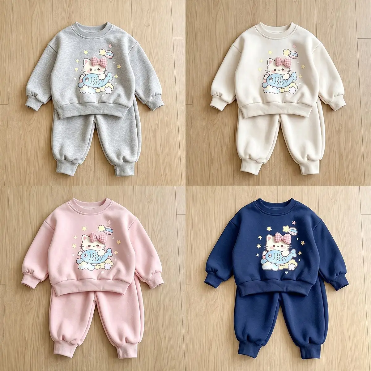 Girls Cartoon Cat Sweatshirt & Wide Leg Pants Set – Korean Cute 2-Piece Outfit for Kids, Casual Loose Spring Autumn Wear