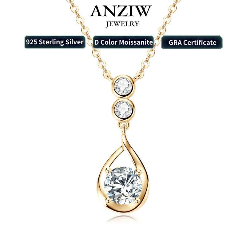 Anziw D1.20CT Moissanite Pendant Necklaces for Women 6.5mm 1.0CT Teardrop Necklace 925 Sterling Silver Adjustable Chain Collar