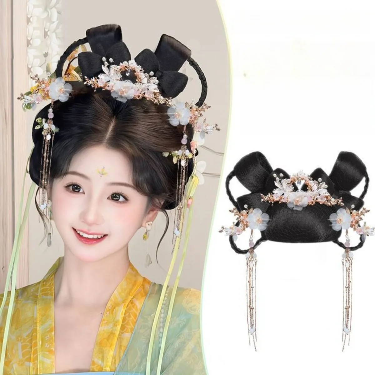 Ancient Hanfu Wig Integrated Complete Headwear Set Jade Rabbit Hair Bun Updo Volume Pad Tang Style Women Cosplay