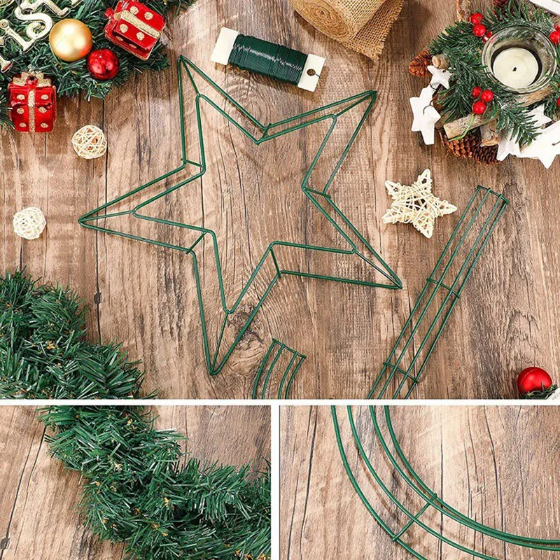 8 Pcs Christmas Wire Wreath Frames 12 Inch Pentagram Shaped Green Wreath Wreath Ring For Home Arts Craft DIY Party Decor