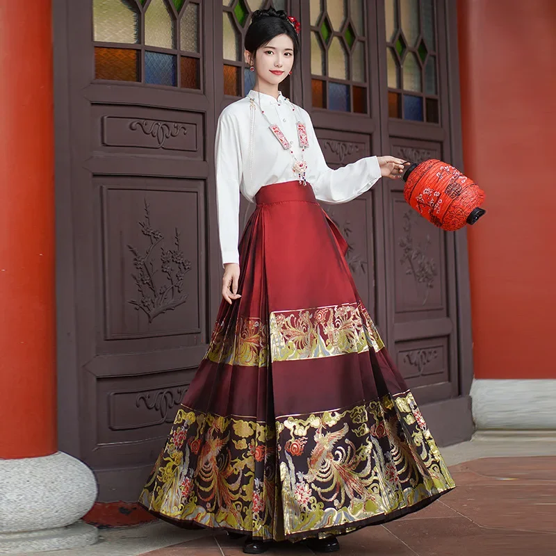 새로운 중국 스타일의 무거운 자수 피닉스 골드 직조 말 꼬리 스커트 레드 여성 Hanfu 세트 전통 의상 2025