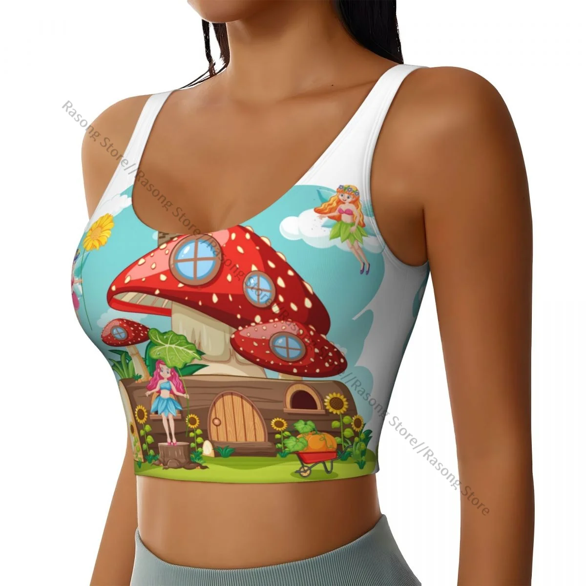 Yoga Vest Women Gym Sports Crop Tops Fairy Tales Mushroom Timber House Streetwear Workout Breathable Tank Top Female