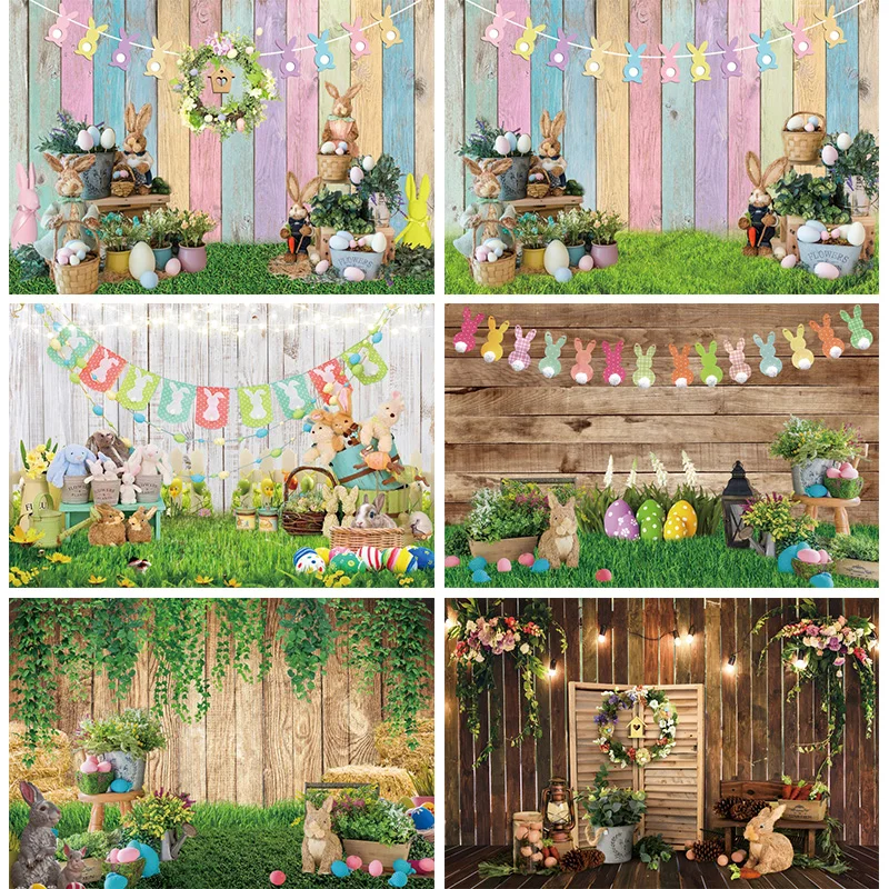 Easter Bunny Flowers Garden Backdrops for Photography Wooden Board Eggs Spring Rabbits Decoration 2024 Outdoor Banner Background