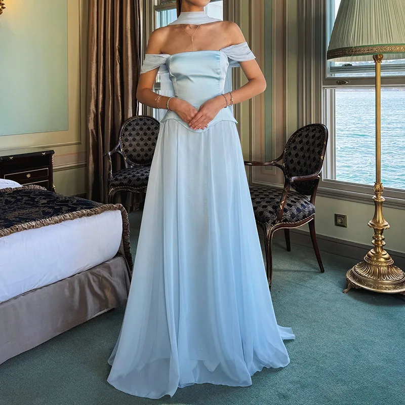 Damesmode splitsen gedrapeerde effen lange jurk sexy backless taille feestjurk elegante off-shoulder korte mouw jurken jurk