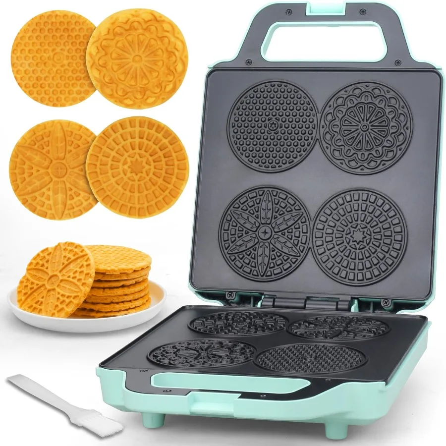 

Electric Pizzelle Maker 4 x 3.5 for Christmas Baking Supplies Stroopwafel Iron with Pattern Thin Waffle Maker in Aqua Non-Stick