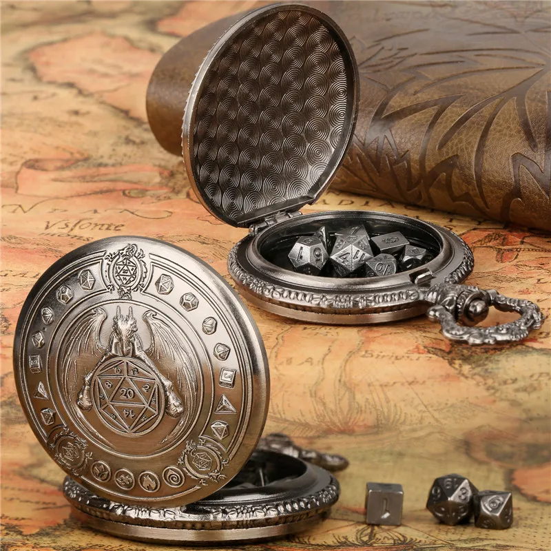Vintage Dragon Wings Pocket Watch Case with 7pcs Tiny Polyhedral Metal Dice Set Role Playing Board Games Accessories