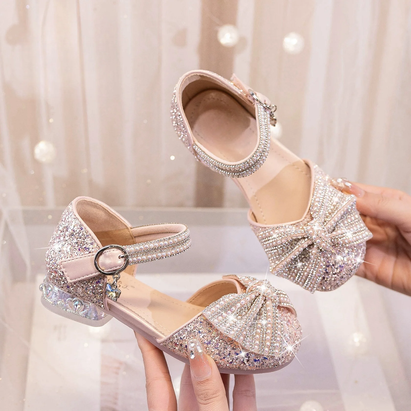 Kids'Casual Shoes Sandals PU Leather Crystal Bow Fashion Summer Shoes For Girls Anti-slip Silver Pink Shoes Size 26-36