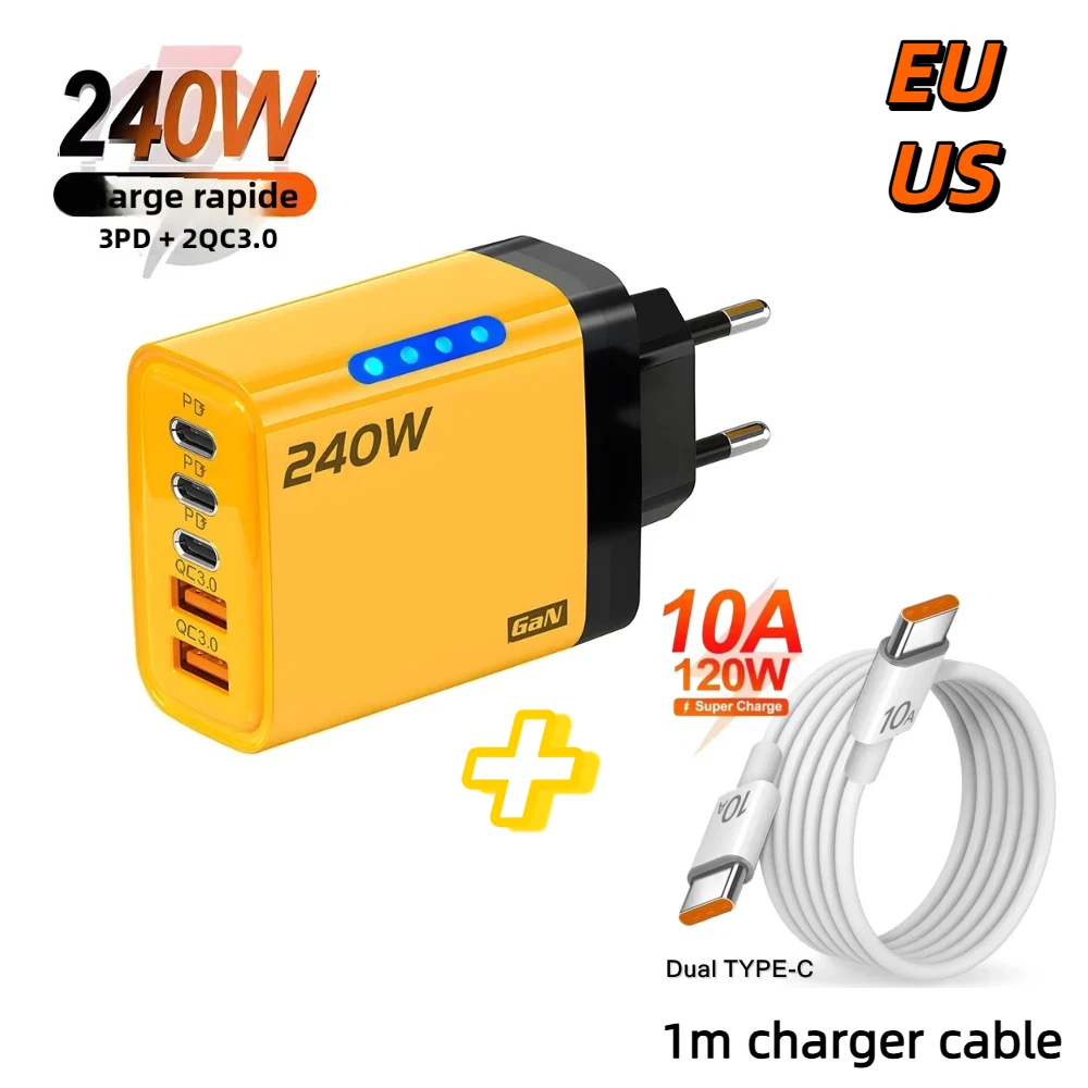 شاحن سريع 240 وات GaN مع ضوء LED 2USB + 3Type-C رأس شحن هاتف متعدد المنافذ لهاتف iPhone وسامسونج وهواوي وشاومي/الكمبيوتر المحمول/الأجهزة اللوحية