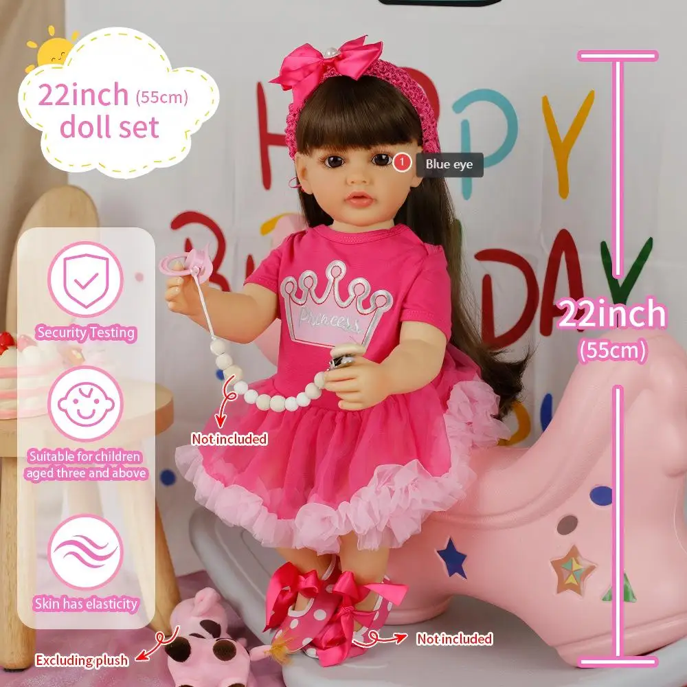 

22-дюймовые куклы Reborn Toddlers Betty, силиконовая виниловая водонепроницаемая кукла для девочек с коричневыми длинными волосами, розовое платье для девочек, подарки