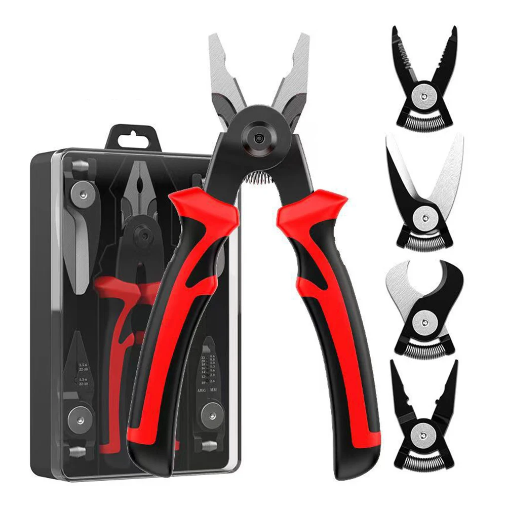 DELIXI ELECTRIC 5-in-1 Multifunctional Pliers Set Interchangeable Plier Heads Wire Pliers Stripper Cable Clamp Crimping Pliers