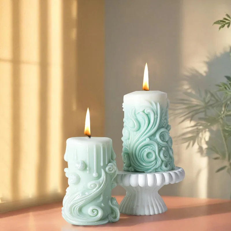 Carved Cylinder Aroma Candle Silicone Mold,DIY Creative Spiral Diffuser Stone,Wave Pattern,Handmade House Plaster Decorations