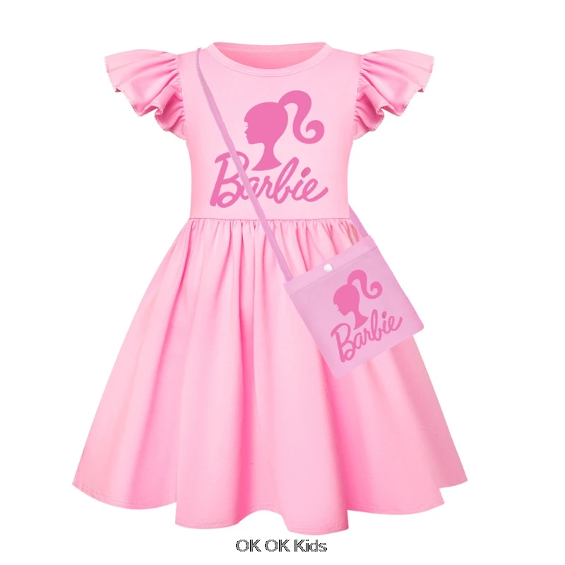 New Summer Dress Barbie the movie for Girls Kids Princess Tank Top Dress Girls Dresses Flying sleeve Childre Clothes +Bag 1-8T