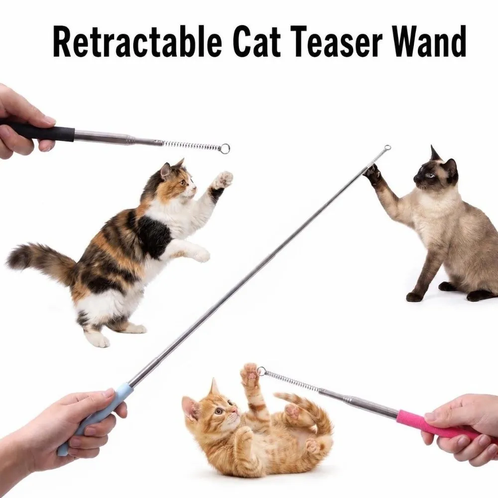Compact Stainless Steel Cat Teaser Wand Replaceable Head Retractable Retractable Cat Teaser Wand Interactive Cat Cat Owner