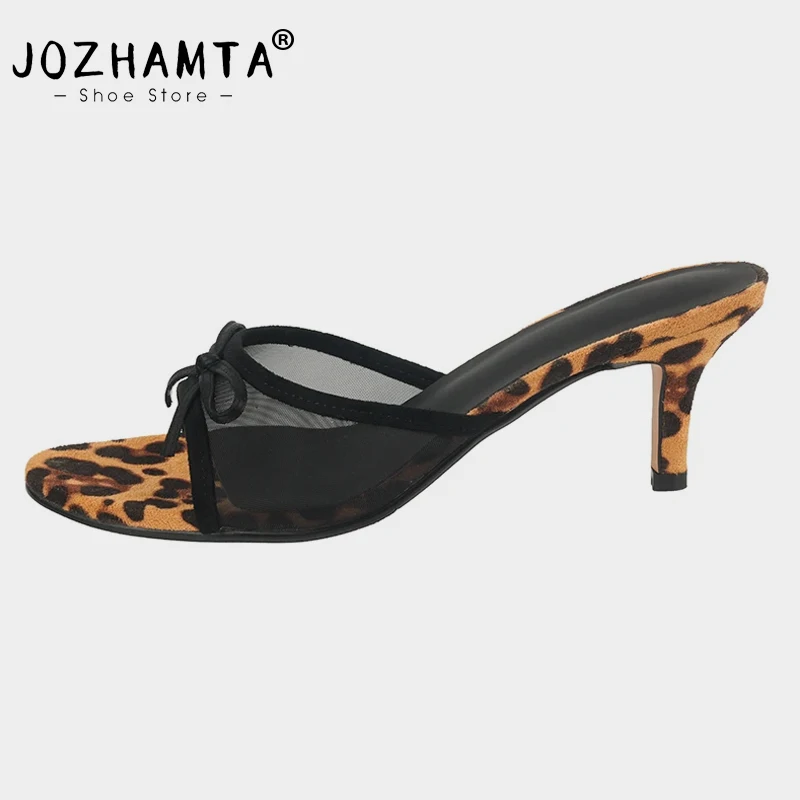 JOZHAMTA Size 34-39 Women Mules Sandals Leopard Breath Mesh Thin High Heels Summer Shoes 2025 Ins Bowknot Party Slides Slippers