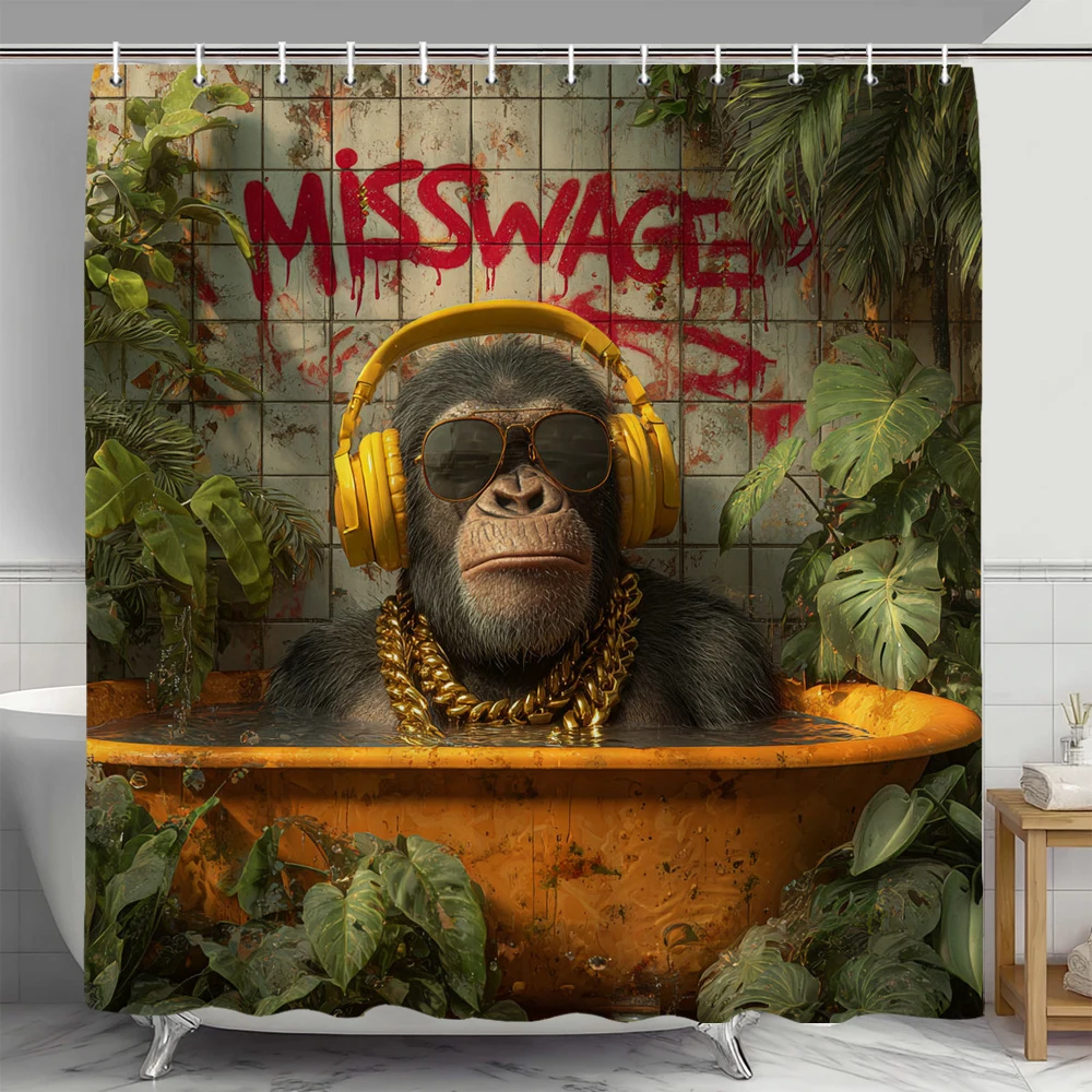 

1 Piece Funny Monkeys listening to music in the Bathtub Shower Curtain, Bathroom Curtain, home Decorative Curtain with Hooks