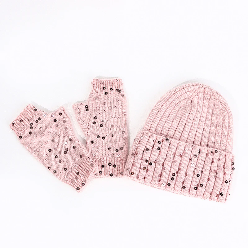 Hat Gloves Set Women Winter Beanie Angora Knit Sequins Warm Soft Skiing Accessory For Autumn Cold Weather Outdoors Sports