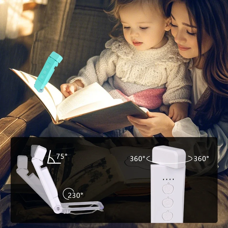 ضوء كتاب قابل لإعادة الشحن، 3 أوضاع، رقبة معقوفة مرنة، مصباح قراءة للعناية بالعين، مؤشر البطارية، مصباح LED محمول، القراءة، التخييم