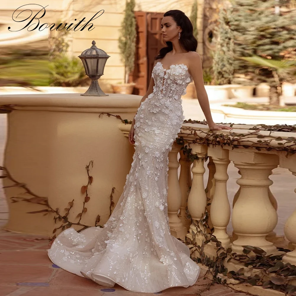 

Bowith Luxury Mermaid Wedding Dresses Strapless Sweetheart Sequined Lace Appliques Bridal Gown Customized vestidos de novia