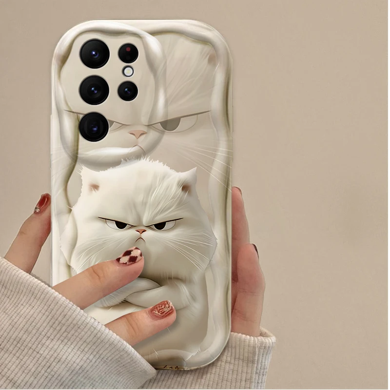 برتقالي أسود أبيض القط جميل التعبير حقيبة لهاتف سامسونج غالاكسي S25 S24 الترا S23 S22 S21 S20 زائد FE A56 A36 A26 غطاء متموج #2