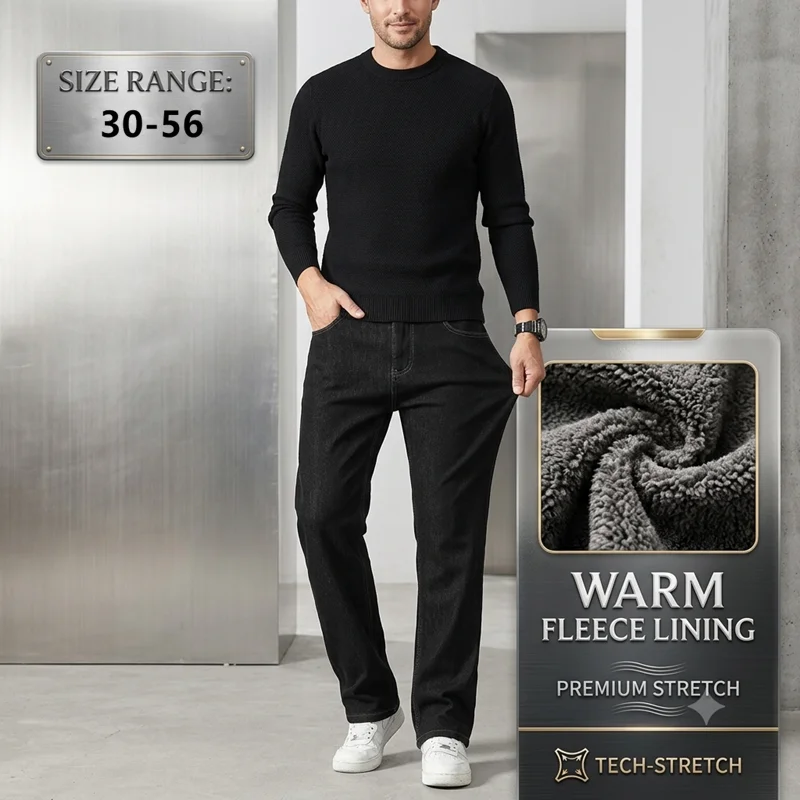 Warm Denim Pants Men Fleece Jeans 150KG Plus Size 50 52 54 56 Stretch Straight Loose Thermal Thick Winter Black Denim Trousers