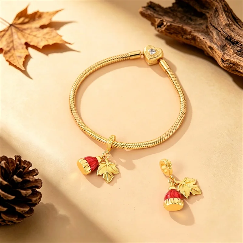 New 925 Sterling Silver 2Pcs Maple Leaf Hat Charms Beads CZ Zircon Dangle Fit Original Bracelet DIY Women Birthday Party Jewelry