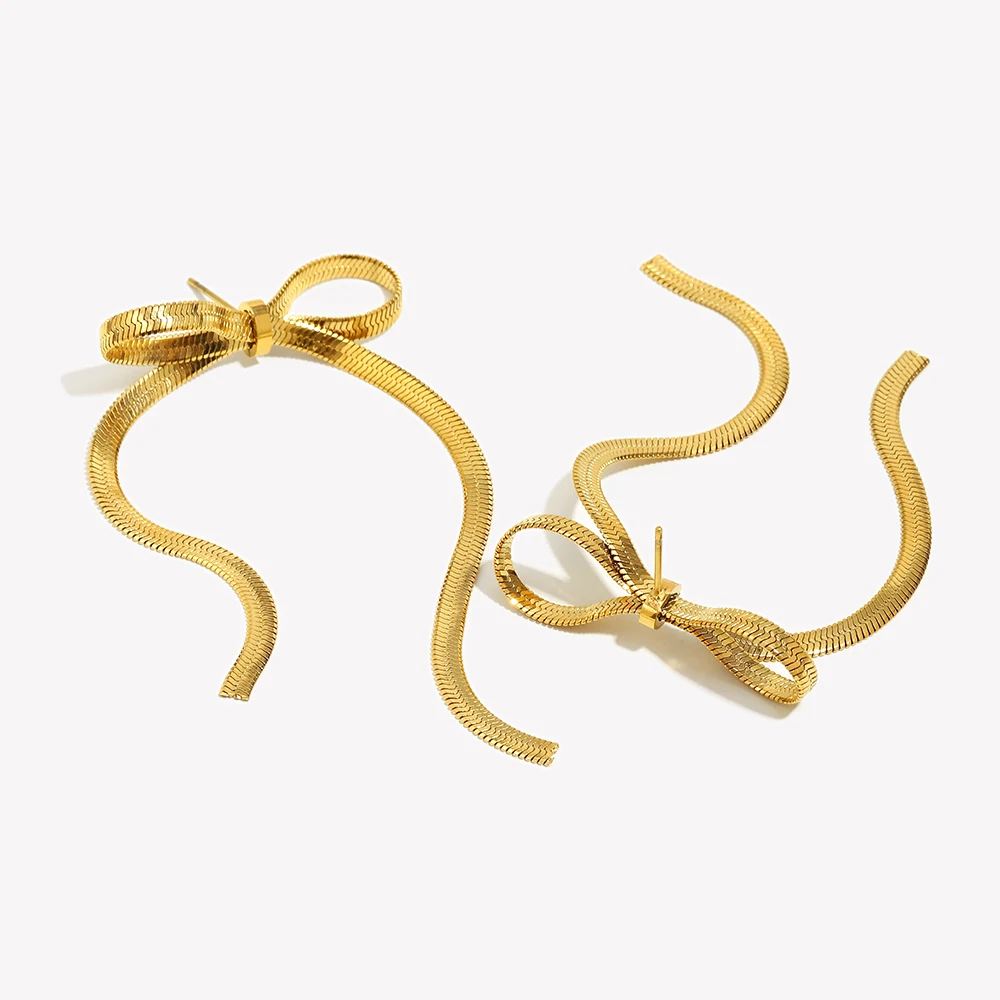 E.B.belle Blade Chain Bow Drop Earrings Tarnish Free 316L Stainless Steel Women\'s Earrings 18K Gold Plated Decoration