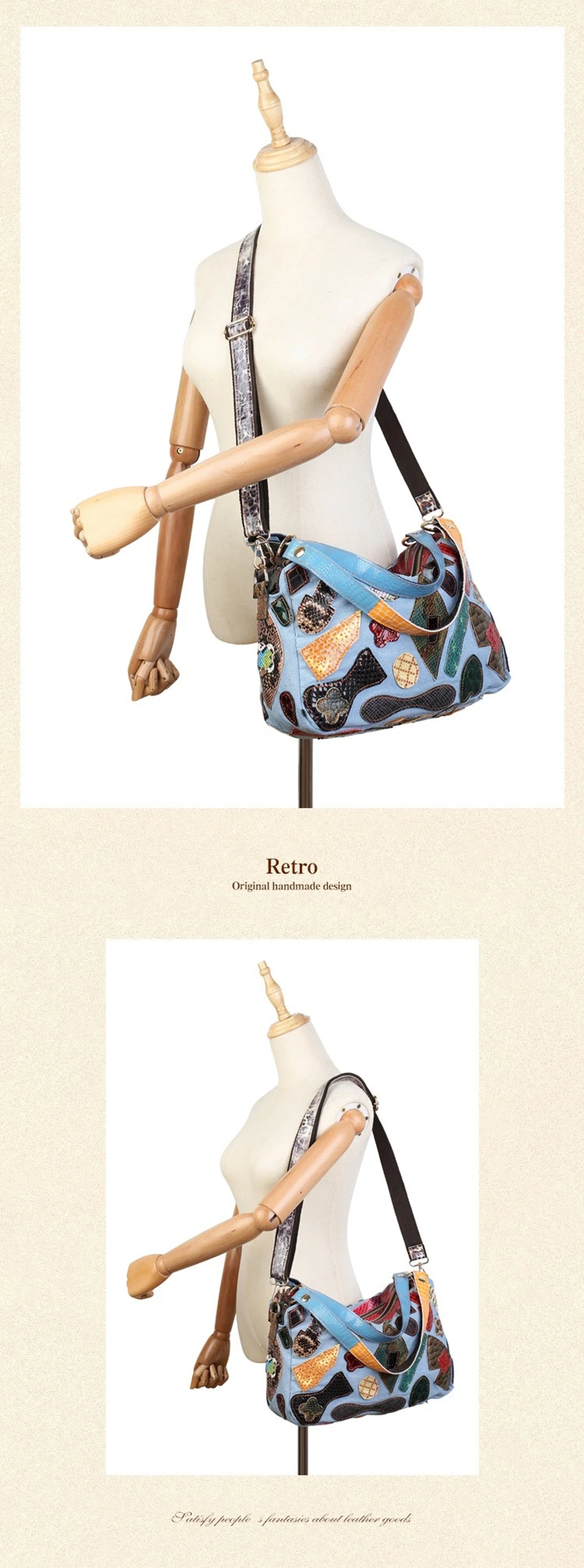 Nesitu High Quality Unique A4 Vintage Genuine Leather Denim Jean Women Handbag Cowhide Shoulder Messenger Bag Female Purse M700