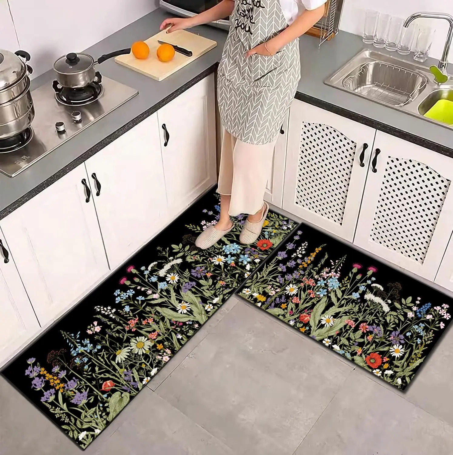 VIKAMA 1/2 pcs Multicoloured Floral Kitchen Floor Mat, Soft Non-Slip Washable Long Carpet, Vintage Kitchen Home Decor