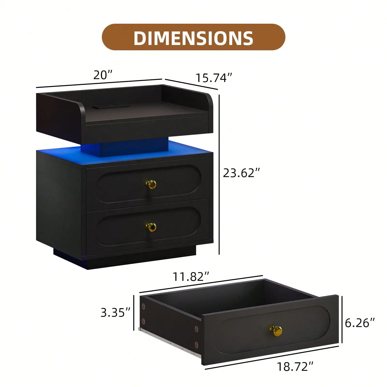 Nightstand With Charging Station, LED Night Stand With 2 Drawers, Modern Bedside Table With Gold Handle & Rounded Design,
