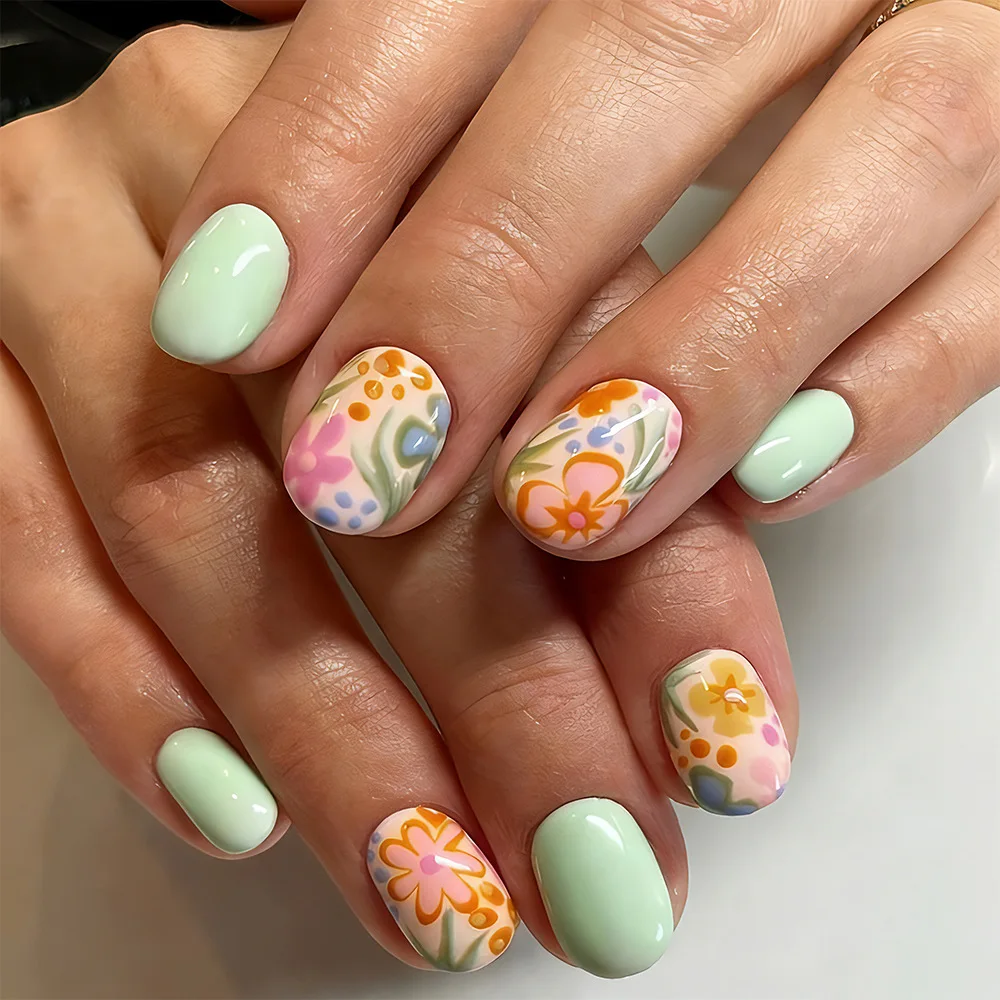 24 قطعة رئيس مربع قصير اضغط على الأظافر الأخضر بسيط زهرة العشب تصميم الأظافر كاذبة انفصال الانتهاء من غطاء كامل وهمية مسمار تلميح #1