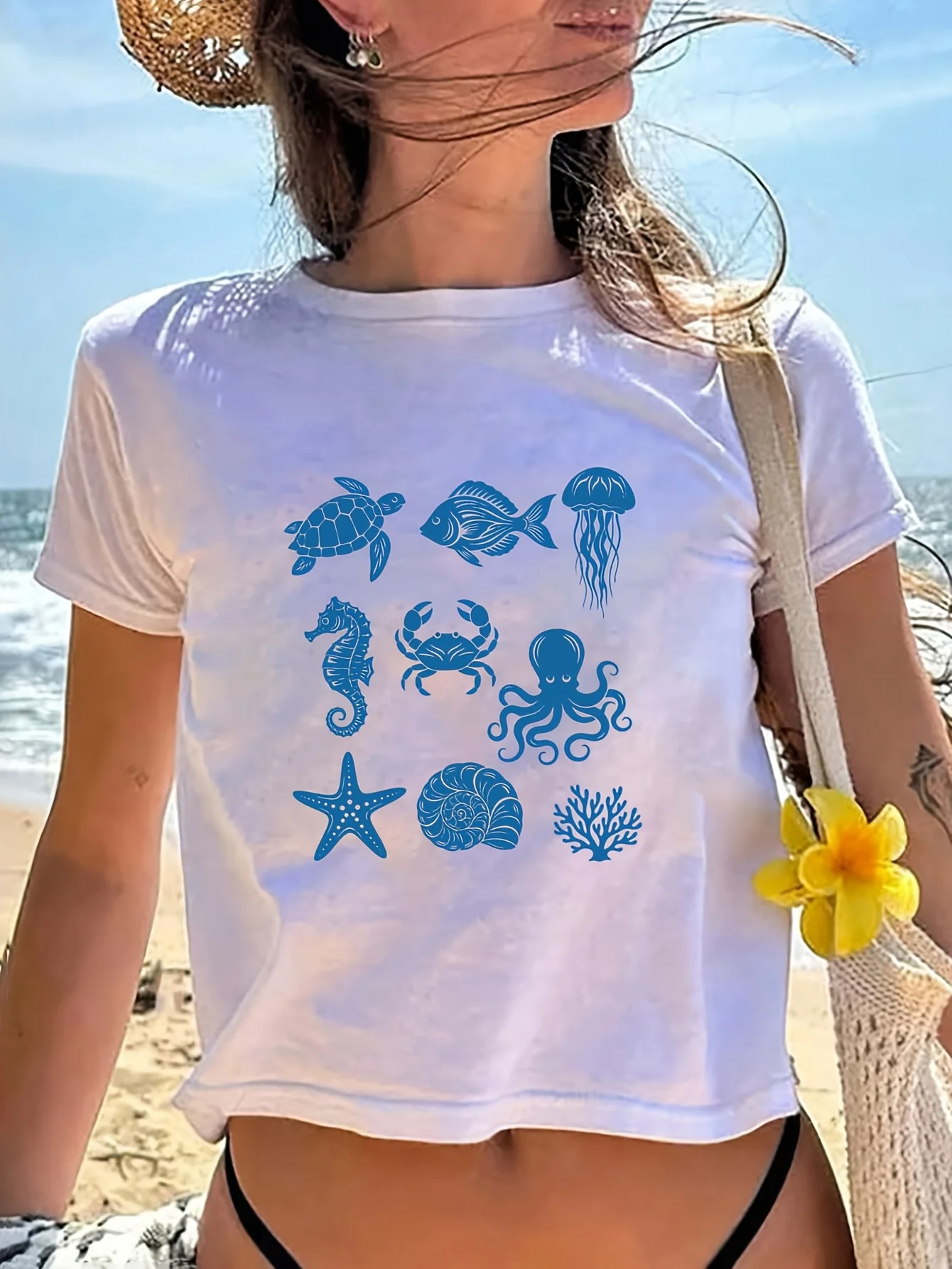 Women'S T-Shirt with Fitted Design Featuring Collection of Ocean-Themed Prints Perfect for Beach Vacations Aesthetic Clothes