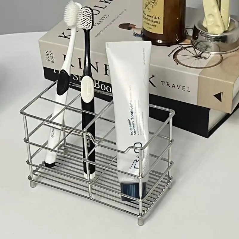Stainless Steel Freestanding 5-Slot Toothbrush Holder Space Saving Design for Restroom Countertop Daily Use