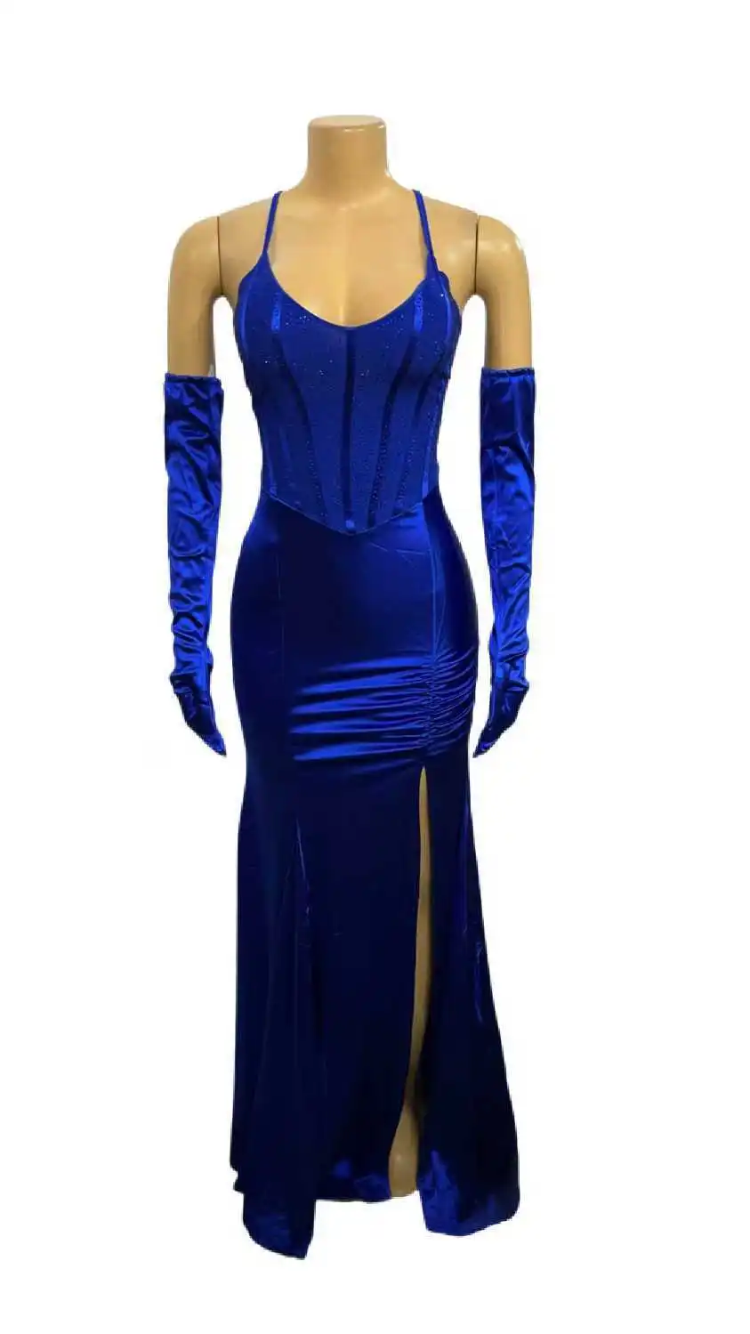 Women Sexy V-neck Lace Up Halter Backless Bodycon Birthday Dress Diamonds Corset Floor-length Evening Party Dresses with Gloves