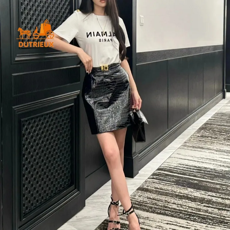 New Winter Genuine Leather Women Skirt High-grade Sheepskin Crocodile Pattern High Waist Hip Elegant Cowhide Short Skirt Travel