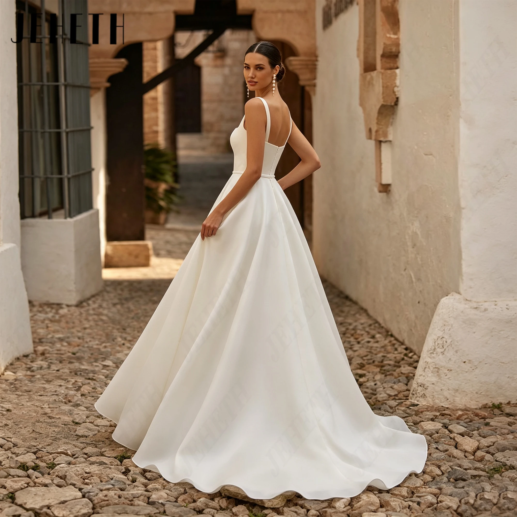 JEHETH Spaghetti Straps Square Neck  Wedding Dresses Boho Organza Sleeveless Bride Dress Vintage A Line Bridal Gowns Customized