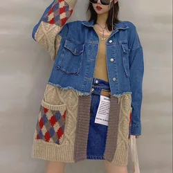 Knitted Stitching Denim Jacket Women coat 2022 Spring Autumn Jackets New Long-Sleeved Loose Outerwear Mid-Length Casaco Feminino