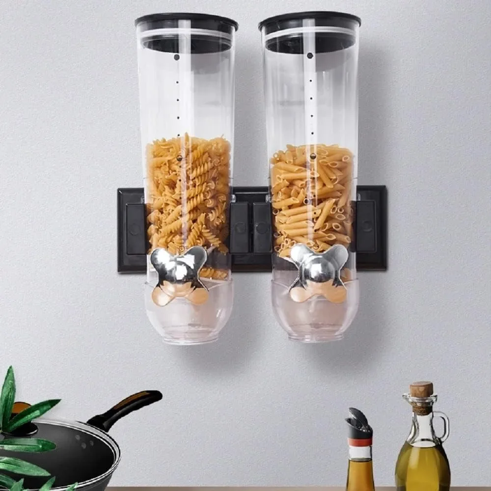 Dispenser di caramelle con 2 contenitori e rack a parete, dispenser per cereali a parete, doppio dispenser per alimenti secchi - cereali da cucina