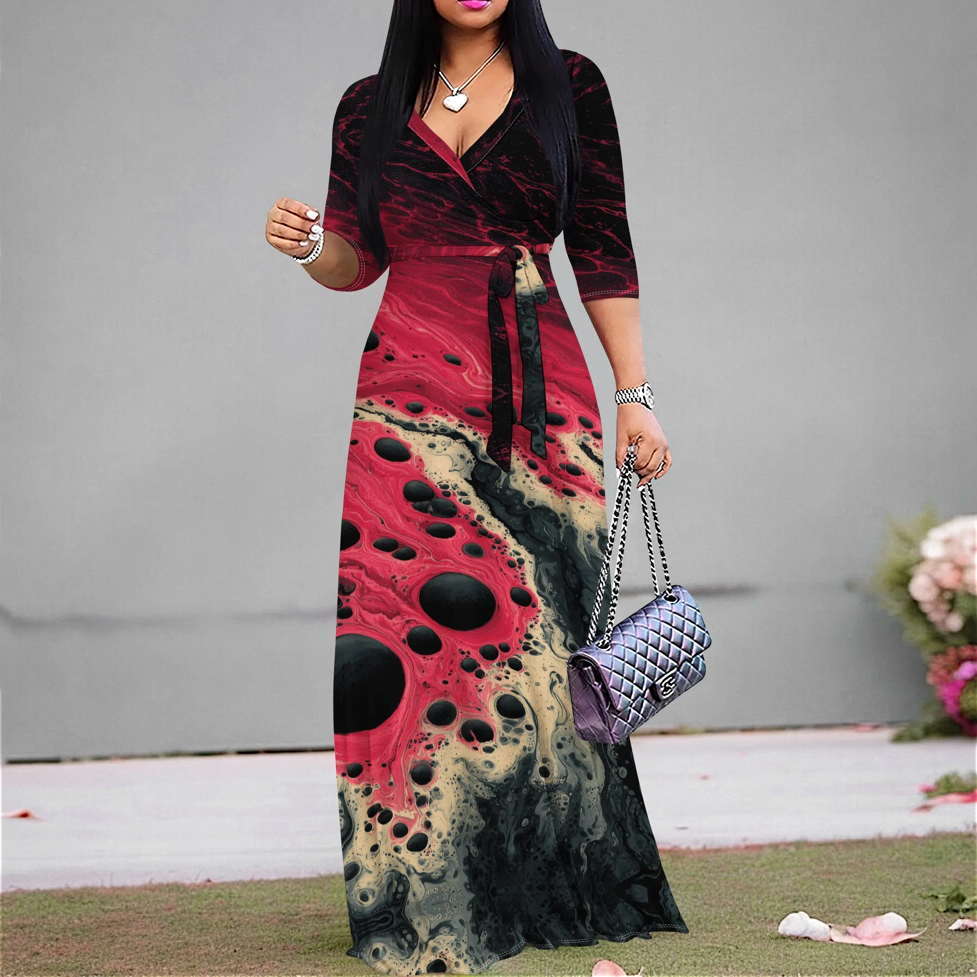 

Rainbow Wave Print Maxi Dress S‑3XL V‑Neck Wrap Style with Tie Waist & 3/4 Sleeves for Pride Fest, Art Show or Summer Party Look