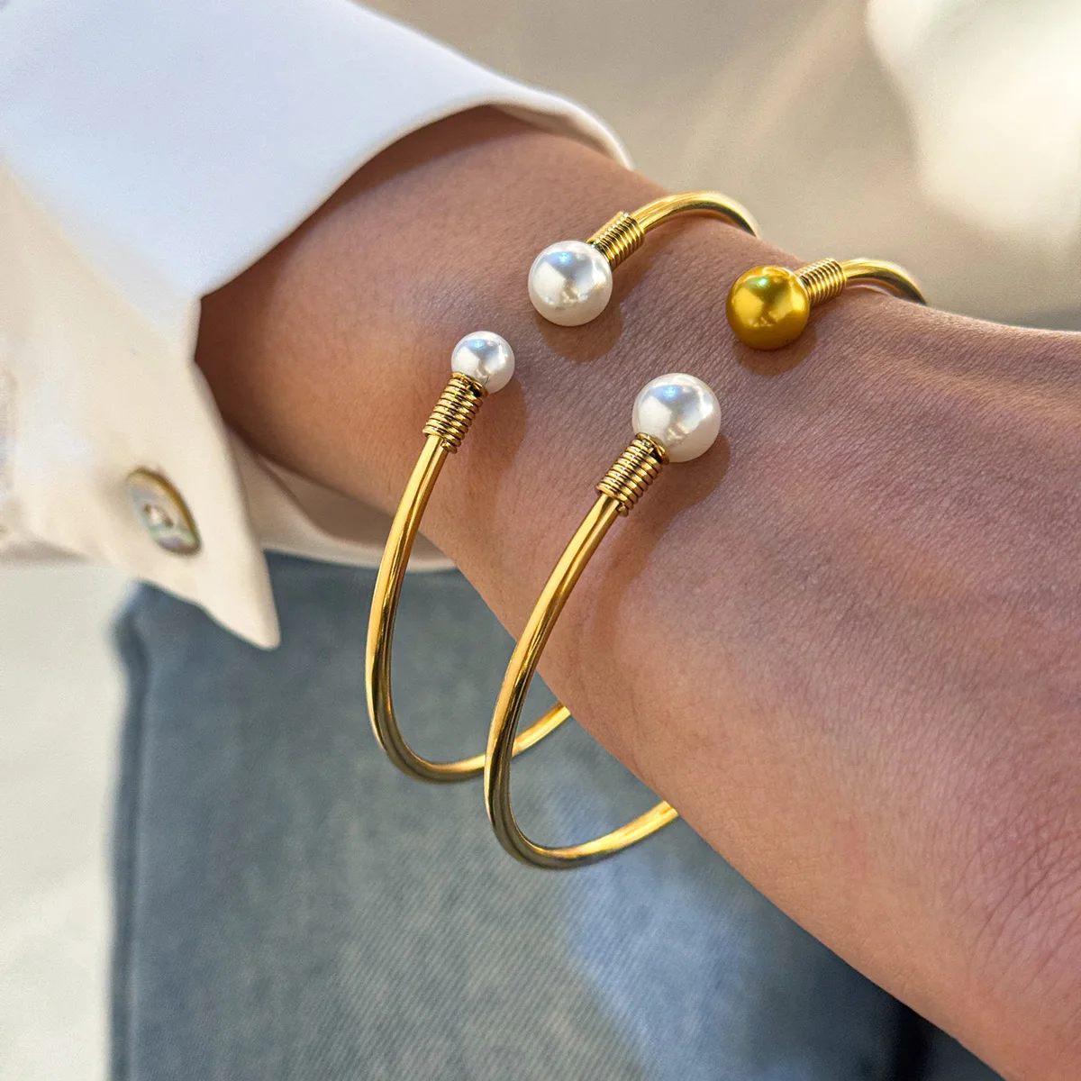 Elegant Women's Pearl Open Bracelet Waterproof Geometric Pattern Stainless Steel Hand Bracelets Bangle Female Girl Jewelry Gifts