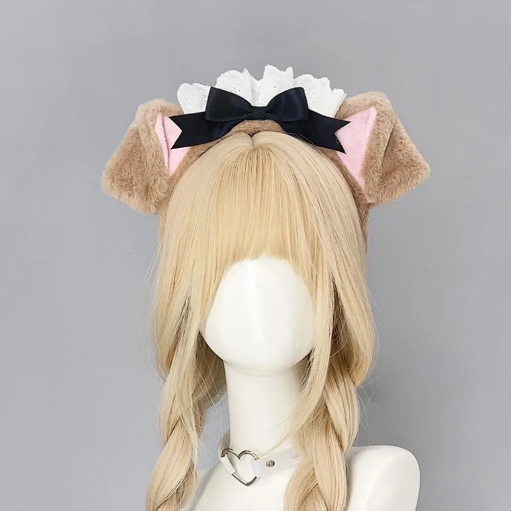 Urocza opaska do włosów z uszkami psa w stylu Lolita, czapka kucharska, koronkowa kokarda, puszysta opaska do włosów, obręcz do włosów do cosplayu, na występy cosplayowe.