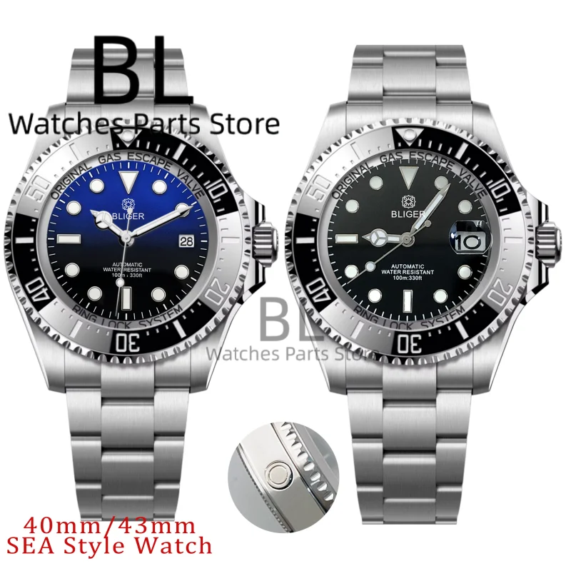 BLIGER 40mm43mm Dual Color Dial SEA Watch For Men NH35 PT5000 MIYOTA8215 10BAR Mechanical Watch Sapphire Glass Glide Slide Clasp