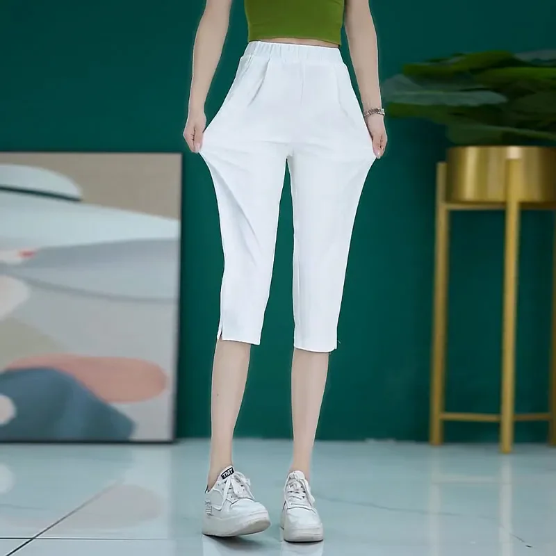 Pantalon Capri décontracté pour femmes, grande taille, blanc, Leggings d'exercices, Streetwear, pantalons de plage polyvalents, été