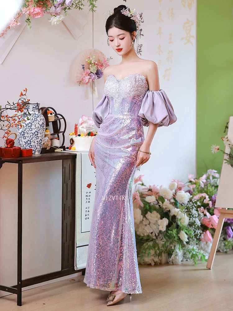 스팽글 인어 긴 이브닝 드레스 여성 우아한 오프 숄더 퍼프 슬리브 백리스 웨딩 파티 드레스 Vestidos De Noche