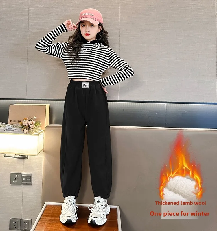 Thiened pele de cordeiro fce meninas calças inverno quente calças casuais das crianças inverno faion commute sle meninas calças compridas