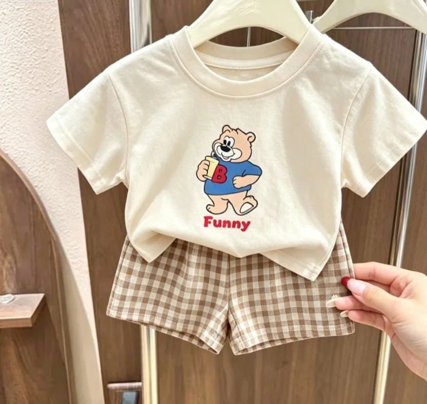 Cute Toddler Boys Summer 2Piece Set Little Kid Bear Graphic Short Sleeve Top And Gingham Plaid Shorts Children Daily Wear Suits