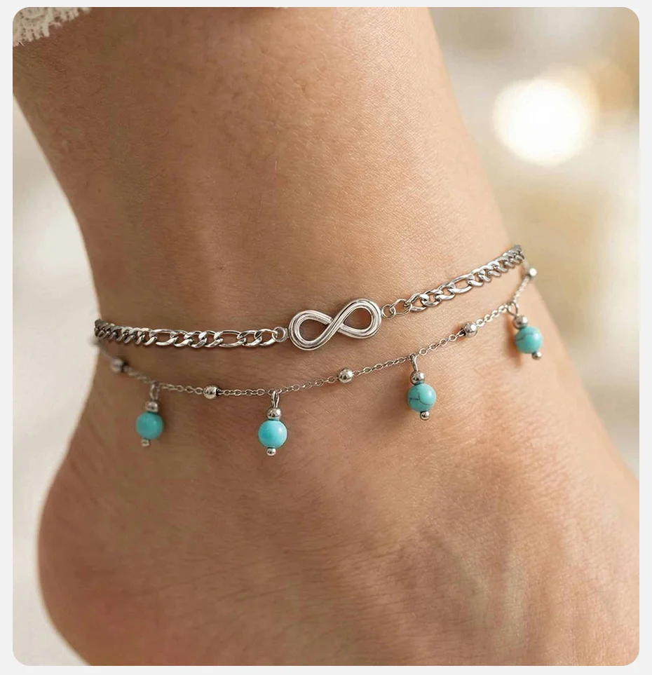Vnox Neues Boho Doppellagiges Infinity Damen-Fußkettchen aus Edelstahl, Vergoldet, Sommerschmuck für den Strand – Detail 3